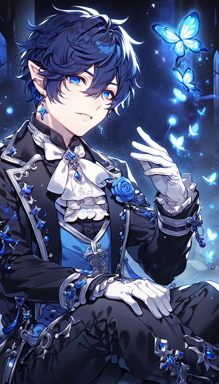 absurdres, highres, ultra detailed, HDR, master piece, best quality, extremely detailed, detailed face, Ciel, dark blue hair, expressive blue eyes, slightly pointed ears, Elsword, cross earrings, solo, sexy man, handsome, manly man sitting, black coat, blue vest, black shirt, white gloves, white cravat, black pants, close up, magical, fantasy, under a blue tree, blue flames, blue moon, blue fireflies, blue roses, blue butterflies, glass magic