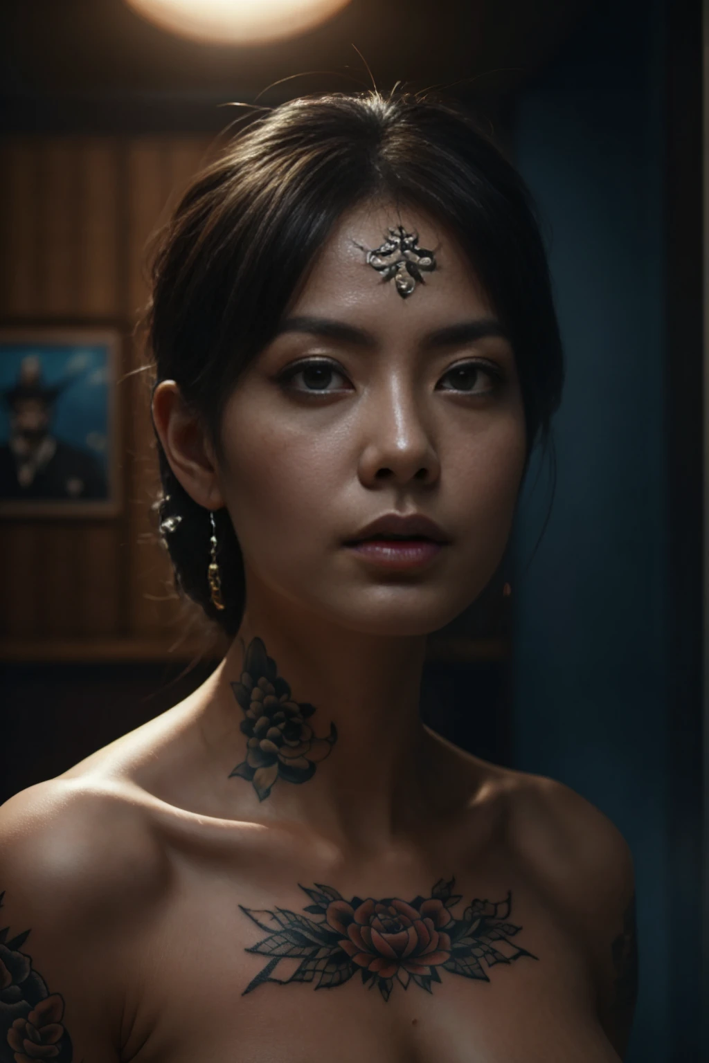 A fierce woman in nude, member of a Yakuza family, staring intensely into the camera, yakuza body tattoo, high detail, cinematic lighting, dramatic shadows, powerful expression, realistic photograph, cowboy shot, digital painting, by Ilya Kuvshinov and Artgerm, moody atmosphere, 8k resolution.