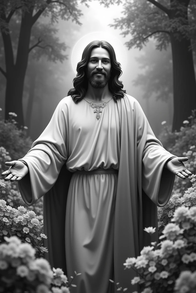 An image of Jesus, in black and white, with loving look and smiling at me, with open arms, in a garden with trees and flowers
