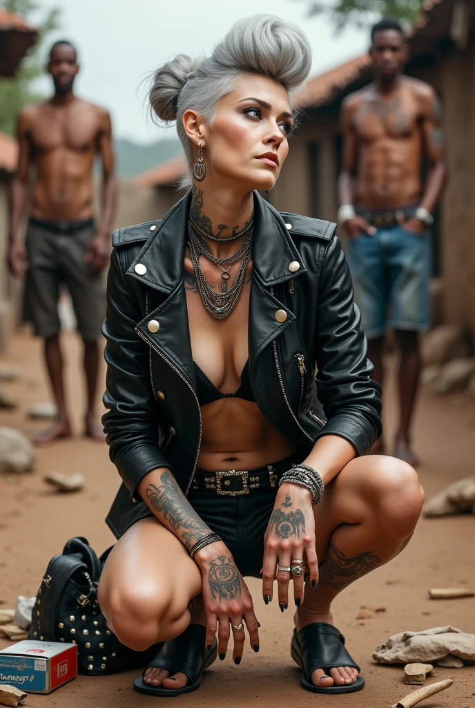 russian milf woman, grey hair (pouf, huge top bun and shaved sides), oversized square maxisunglasses, colourful bandana as headband, with very light blue eyes, extremely pale skin. Wearing tight aged black moto jacket studded collar) with lots of zippers and pins; shiny black plastic bikini, flip flops . Chain around hips like belts. Dirty knees and dusty hands. Lots of metallic bracelets, lots of boho pendants and lots of colourful beads collars. Long huge boho. Chains around the hips. Squatting with hands on her hips, looking up, chin up, stretching her neck , humble facial expression. Bracelets in ankles and rings in fingers. Black nail polish. studded black leather tote bag with chain on the floor, next to her.. Listening looking up in amazement to somebody speaking to her from above, upper teeth visible. Well toned abdominals, thin neck, slim legs and thin arms. Narrow hips Cleavage, stomach, neck, tigh and hands completely covered with tattoos. Dirt street in Kenyan village full of waste. A lot of tanned shirtless fat men in jeans around looking at her. next to her, all her belongings scattered on the floor: tobacco packs, makeup kit, little makeup mirror, studded black leather tote bag, lipstick, wallet, moble etc on the floor