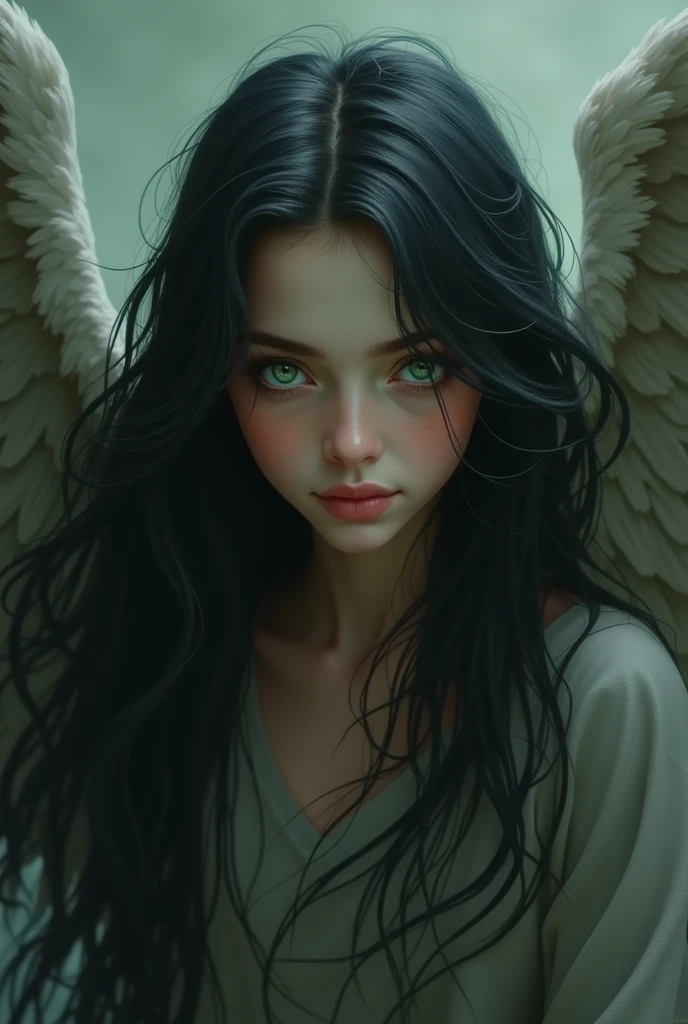 Generate an image of a long black hair angel, green eyes, without aura on the head for a youtube banner for a channel called stories of truth 