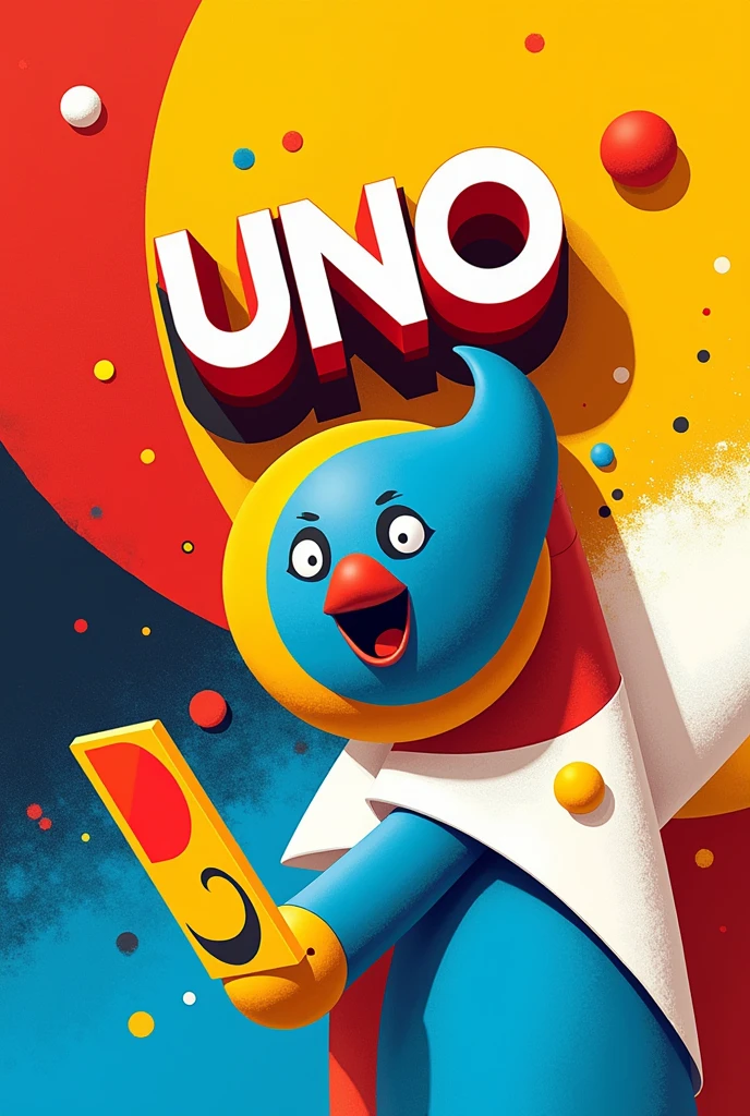 completely abstract poster representing Mattel's UNO card game, with red colors, Unripe, yellow, cerulean, white and black