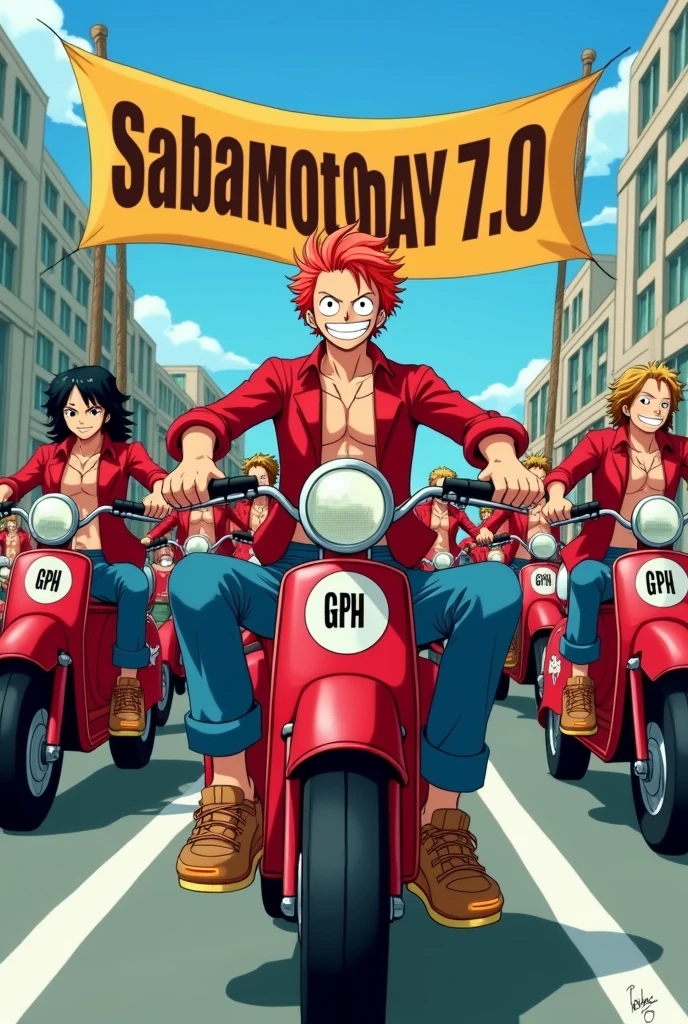 Anime one piece shanks riding a mini moped , Shanks took 100 people on a motorbike , they all wear red jackets , On the jacket there is GPH written in the middle of the jacket , wearing long jeans, and wear motorcycle boots, all members are excited , in front holding a banner that says Sabah Moto Day 7.0