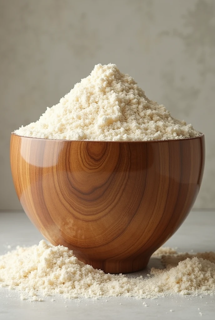 Make an image of a very tall wooden bowl with flour made from oat seeds