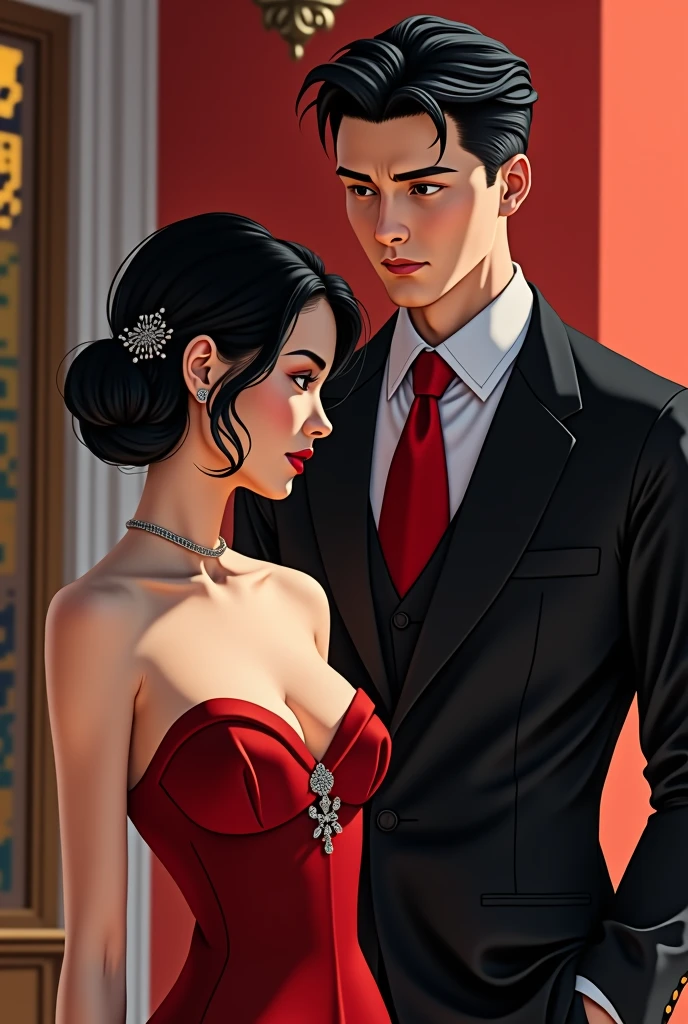 A bodyguard taking care of a girl. The girl has short black hair styled in an updo bun, adorned with elegant details, and is wearing a strapless red dress that stops at the chest, with a slight neckline that reveals a bit of cleavage. The bodyguard is tall, handsome, and dressed in a suit with a red tie, standing protectively beside her."