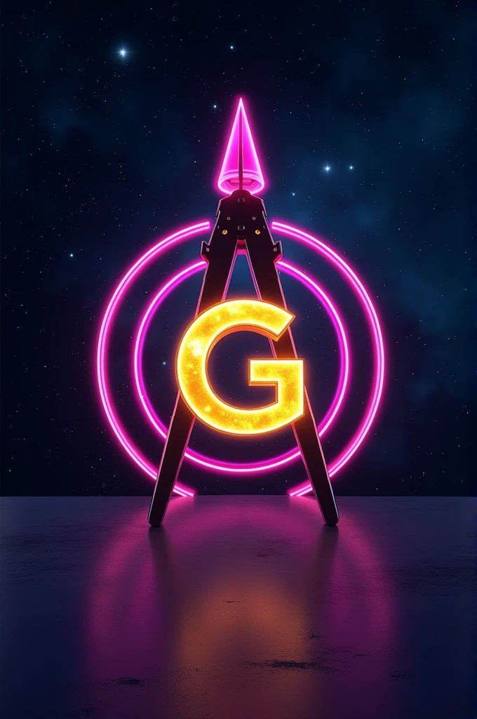 Create a full color with modern neon colors of the smooth square of Masonry and a pointed compass on it and in the center of both tools, the capital letter G resplendent in gold. All of the above with a sidereal background of galaxies and stars.