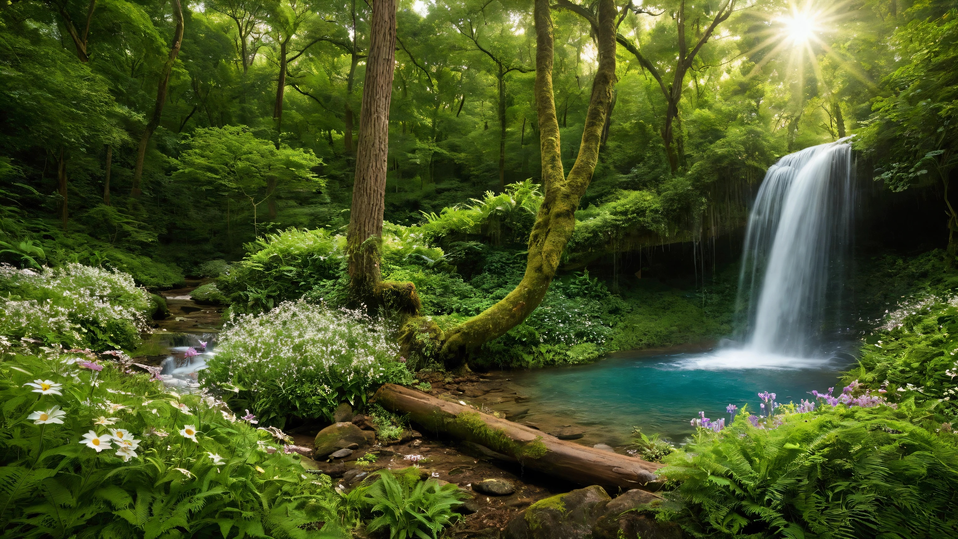 A tranquil, high-resolution image capturing the serene experience of being deep in a lush green forest. Towering emerald trees stretch towards the sky, their dense foliage creating a natural canopy. Sunlight filters through the leaves, casting dappled patterns on the forest floor. Through the gaps in the trees, a clear blue sky with fluffy white clouds is visible. In the distance, two cascading waterfalls—one large and one smaller—pour down gracefully, their white streams blending with the green surroundings. A crystal-clear stream flows gently from the base of the waterfalls, winding through a vibrant carpet of lush grass dotted with colorful wildflowers. A playful squirrel leaps across the scene while birds flutter gracefully among the trees, adding life and movement to this peaceful, nature-filled setting.