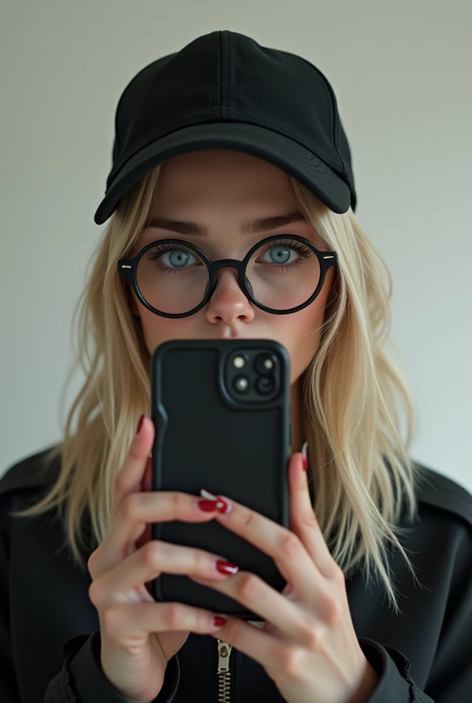 Hyperrealistic image of a "woman" with light blue eyes, straight creamy blonde hair, standing in front of a mirror taking a selfie, covering part of the left side of her face with her phone. The person is wearing a baseball cap, circular glasses with black lenses, a black jacket and is holding a phone with a black case, she has small nails. The background is just a white wall of a typical European house.