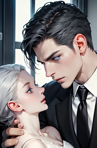 best quality, black grey hair, blue eyes, pale skin, CEO, expression in love, 31 years.