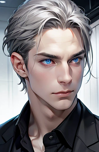 best quality, black grey hair, blue eyes, pale skin, CEO, expression in love, 31 years.