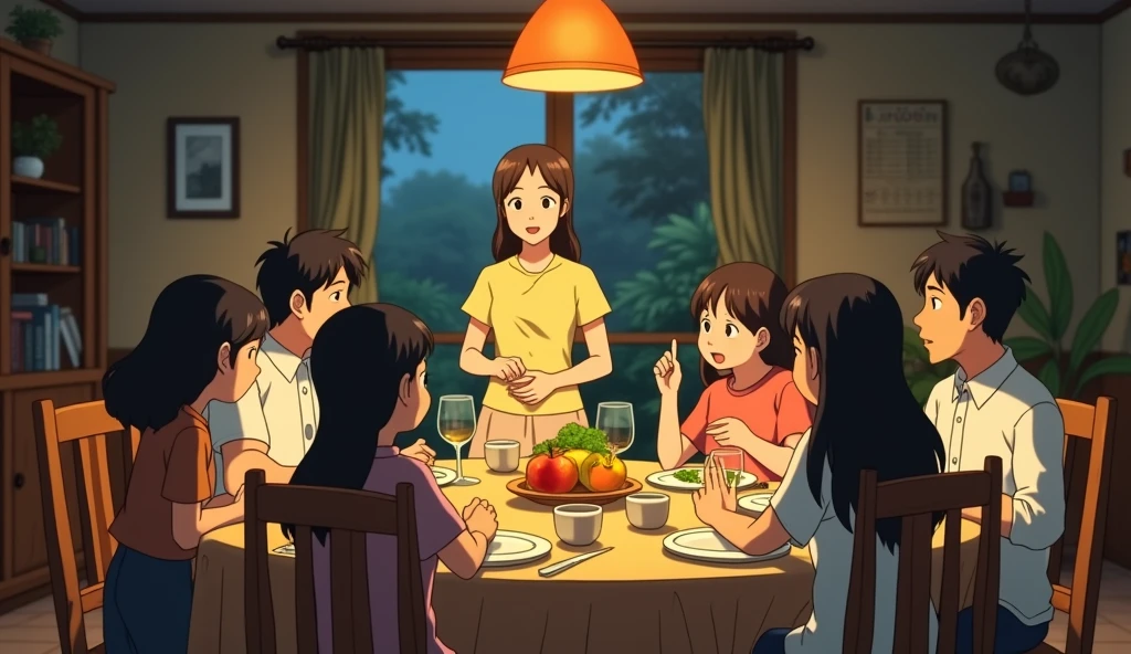 Create a dramatic Studio Ghibli-style scene of a family gathered around a dinner table. One of the daughters, now a young adult, is standing by the table, raising her voice as she confronts her older sister, who is also a young adult, sitting across from her. The rest of the family, including the parents, siblings, and their spouses, are seated around the table, looking on with a mix of concern and tension. The atmosphere has shifted from warm and celebratory to one of conflict, with the lighting becoming more intense to reflect the rising emotions. The background still includes cozy elements like wooden furniture and soft evening light, but the focus is on the confrontation between the two sisters, creating a tense and emotionally charged moment.