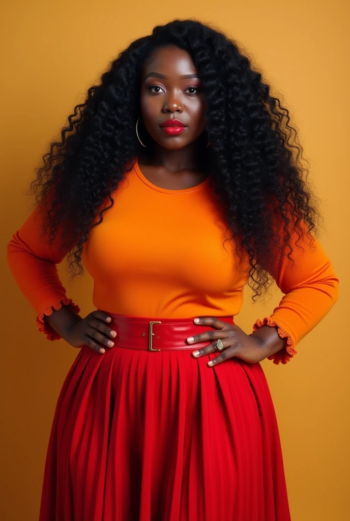 Make a picture of a black woman , long curly black hair, dark shaped eyes, chubby,wearing red pleated skirt with red belt, orange blouse with round neck, long sleeves with a slight ruffle at the end of the sleeve