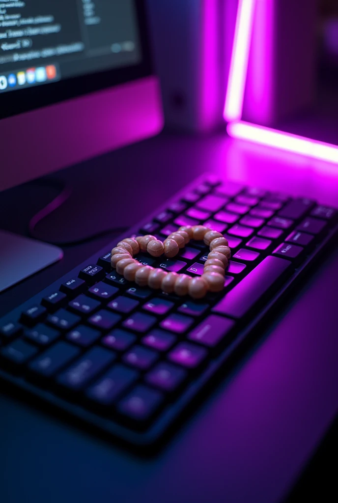 Photograph of a keyboard with a letter and pills on top in the shape of a heart with purple neon light