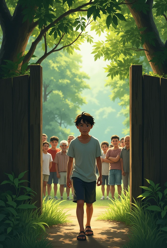 A boy aged 20 coming out forest and going into village gate where other other boys and children and old people making fun of that boy
