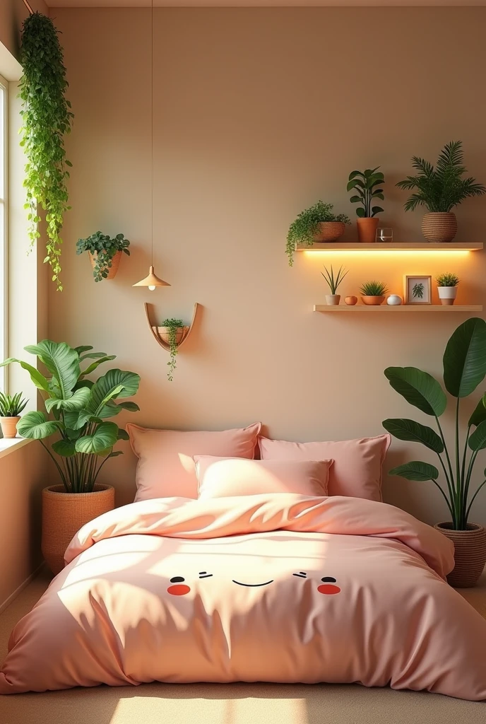 Bedroom beige walls. Decoration with plants and LED lights. earth tones. Soft and aesthetic harmonization. Floating shelves. Bed with kawaii duvet.