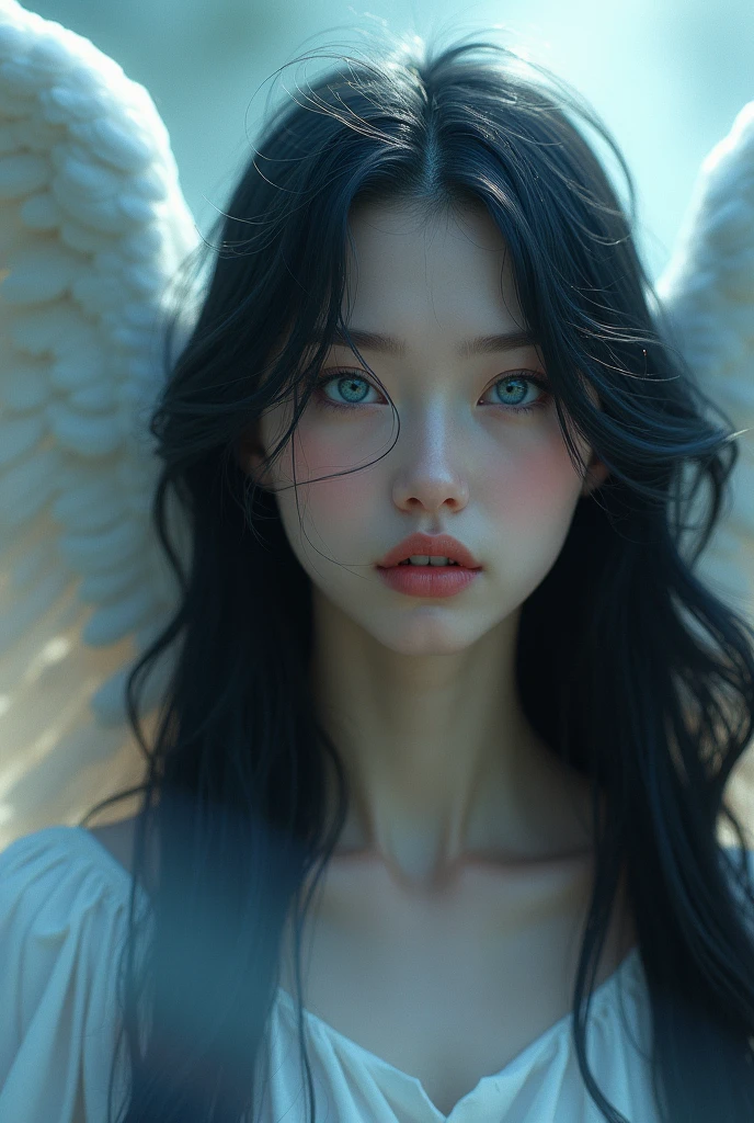 Generate an image of a long black hair angel, Blue eyes like angelic look, without aura on the head for a youtube banner for a channel called stories of truth