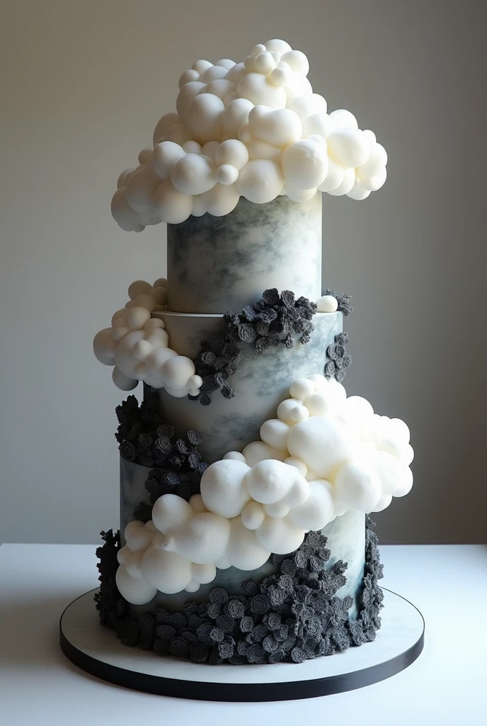 1 tier cake for women, cloud theme, Complex images, Luxurious style, main tone black and white