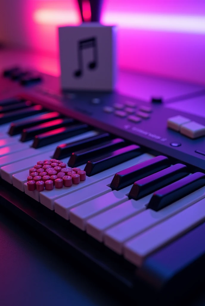 Photograph of a musical keyboard with a letter and pills on top in the shape of a heart with purple neon light