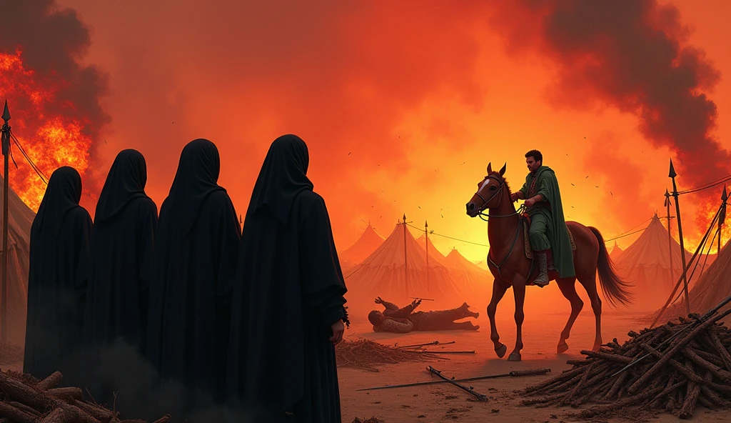 Sun set, blood sky, burning tents, burning date trees, 5 women which wear Proper black hijab who stand outside the tents, a bloody ground, javelin, sword, Arrow everywhere on ground, Arrows from sky, fire woods, a army which wear read hijabs and going towards burning tents, a men which wear Proper green hijab and battle dress which falling towards ground from a bloody horse and a javelin across his chest