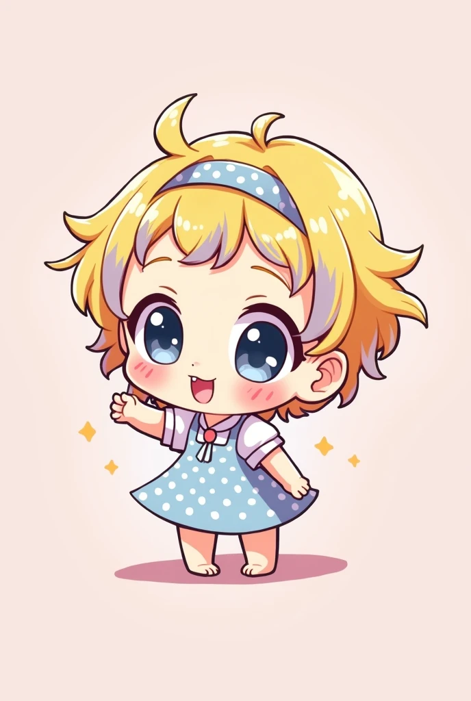 Create a digital chibi drawing of an anime girl with an unmistakable hand-drawn style. She should have a very exaggerated, cute appearance with a large, round head, big sparkling eyes, and a small, happy smile. Her hair should be styled in a playful, voluminous manner with bright, cheerful colors like pastel yellow or lavender, and include hand-drawn highlights and shadows for added depth. Dress her in a simple, adorable outfit, such as a polka-dot dress or a cute skirt and top combo, with minimal but charming accessories like a headband or a small pendant.For the background, use a single, solid color or a subtle gradient that complements the character, such as a soft pink or light blue. Ensure the background is clean and minimalistic to keep the focus on the chibi character. The drawing should have a polished, hand-drawn digital look with clean lines, vivid colors, and a distinct style that makes it clear it's digitally created by hand and not generated by AI.