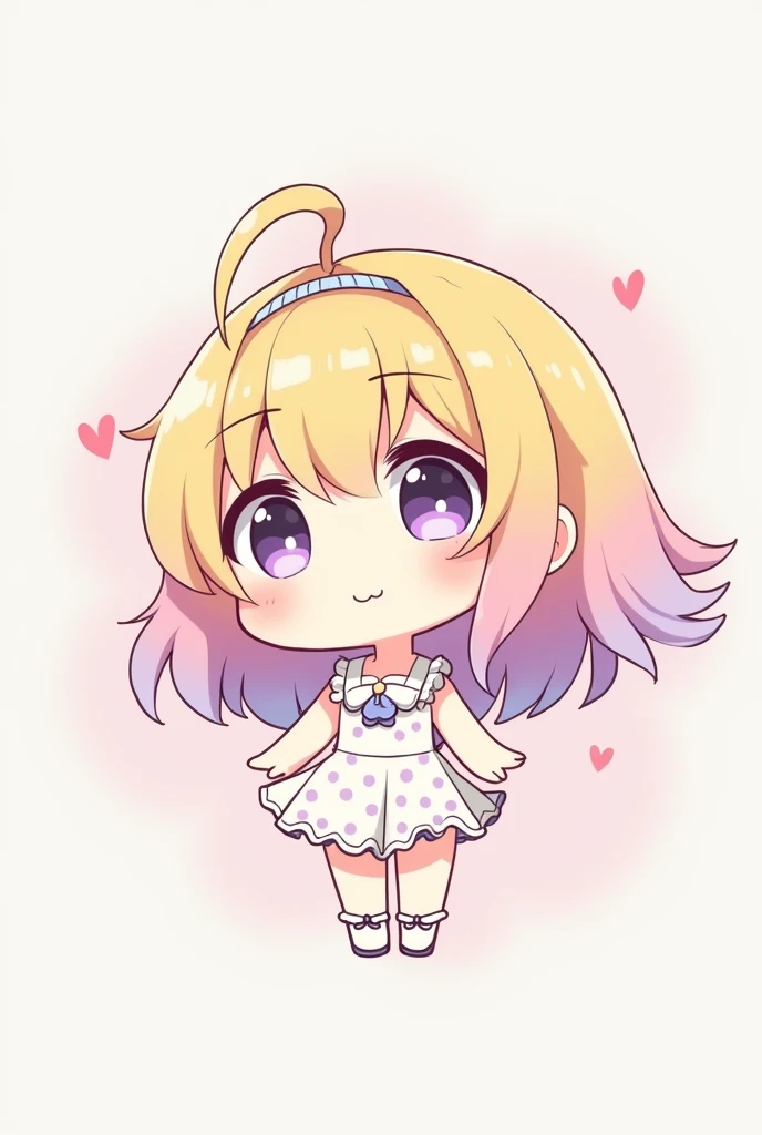 Create a digital chibi drawing of an anime girl with an unmistakable hand-drawn style. She should have a very exaggerated, cute appearance with a large, round head, big sparkling eyes, and a small, happy smile. Her hair should be styled in a playful, voluminous manner with bright, cheerful colors like pastel yellow or lavender, and include hand-drawn highlights and shadows for added depth. Dress her in a simple, adorable outfit, such as a polka-dot dress or a cute skirt and top combo, with minimal but charming accessories like a headband or a small pendant.For the background, use a single, solid color or a subtle gradient that complements the character, such as a soft pink or light blue. Ensure the background is clean and minimalistic to keep the focus on the chibi character. The drawing should have a polished, hand-drawn digital look with clean lines, vivid colors, and a distinct style that makes it clear it's digitally created by hand and not generated by AI.