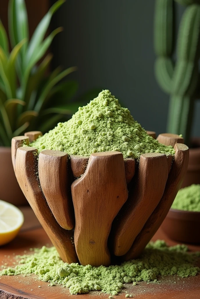 Make an image of a very tall wooden bowl with flour made from nopal