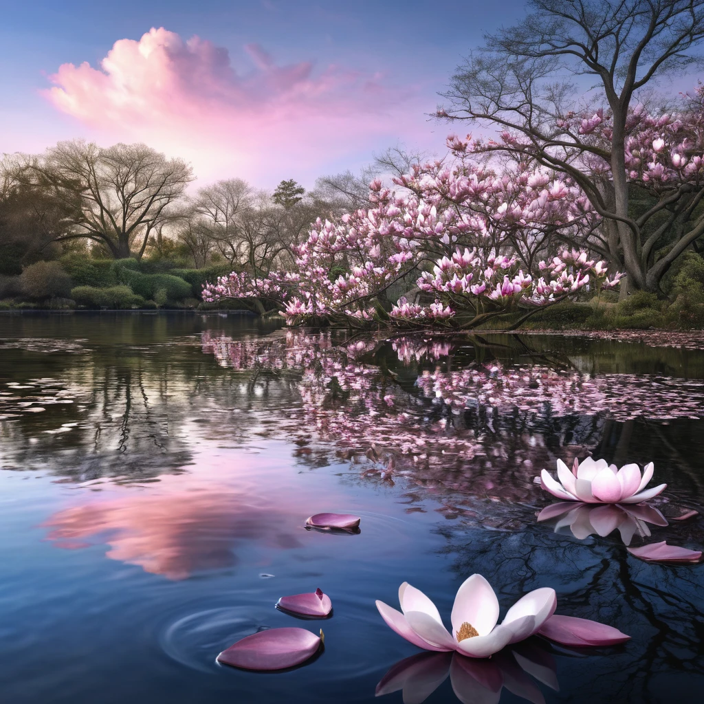 surrealism, photorealism, hyperrealism, 32k high definition resolution with HDR enhancement, showcasing a serene lakeside scene in a double exposure, where the water reflects a mirror-like view of the sky, with magnolia petals gently floating out from the trees and gracefully descending to the water's surface, where they're softly illuminated by the twilight sky. The magnolias frame the scene perfectly, creating a breathtaking backdrop of natural beauty. This is a truly awe-inspiring image, evoking a dreamlike sense of wonder and magic.