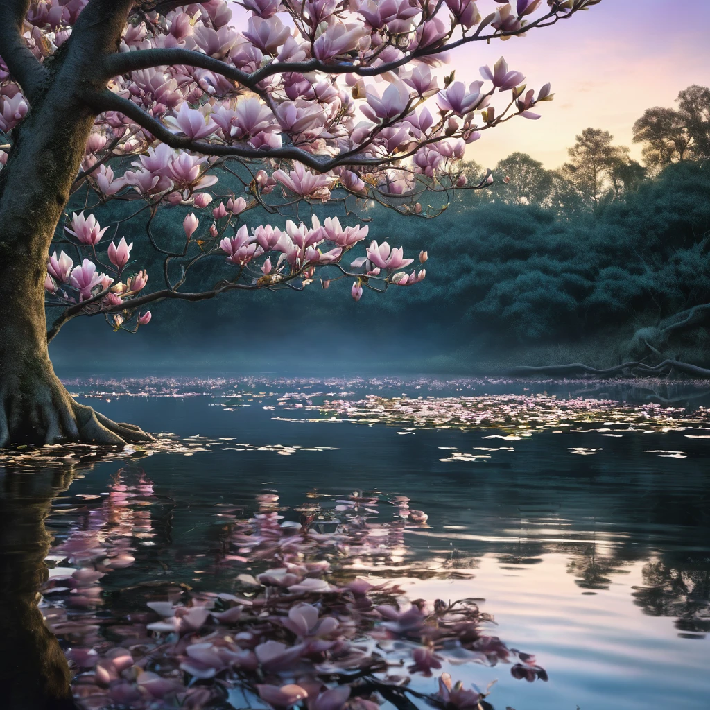 surrealism, photorealism, hyperrealism, 32k high definition resolution with HDR enhancement, showcasing a serene lakeside scene in a double exposure, where the water reflects a mirror-like view of the sky, with magnolia petals gently floating out from the trees and gracefully descending to the water's surface, where they're softly illuminated by the twilight sky. The magnolias frame the scene perfectly, creating a breathtaking backdrop of natural beauty. This is a truly awe-inspiring image, evoking a dreamlike sense of wonder and magic.