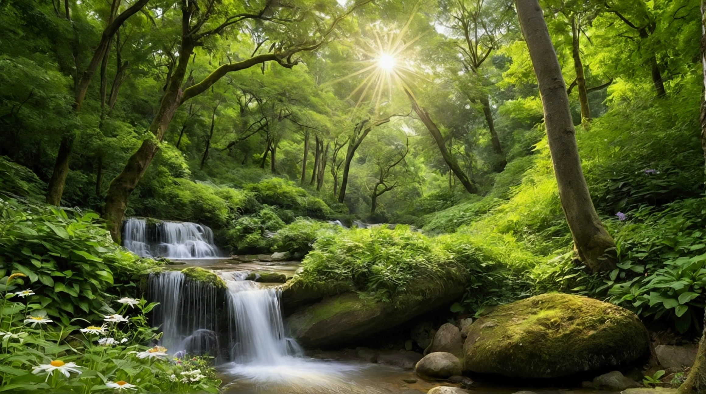 A tranquil, high-resolution image capturing the serene experience of being deep in a lush green forest. Towering emerald trees stretch towards the sky, their dense foliage creating a natural canopy. Sunlight filters through the leaves, casting dappled patterns on the forest floor. Through the gaps in the trees, a clear blue sky with fluffy white clouds is visible. In the distance, two cascading waterfalls—one large and one smaller—pour down gracefully, their white streams blending with the green surroundings. A crystal-clear stream flows gently from the base of the waterfalls, winding through a vibrant carpet of lush grass dotted with colorful wildflowers. A playful squirrel leaps across the scene while birds flutter gracefully among the trees, adding life and movement to this peaceful, nature-filled setting.