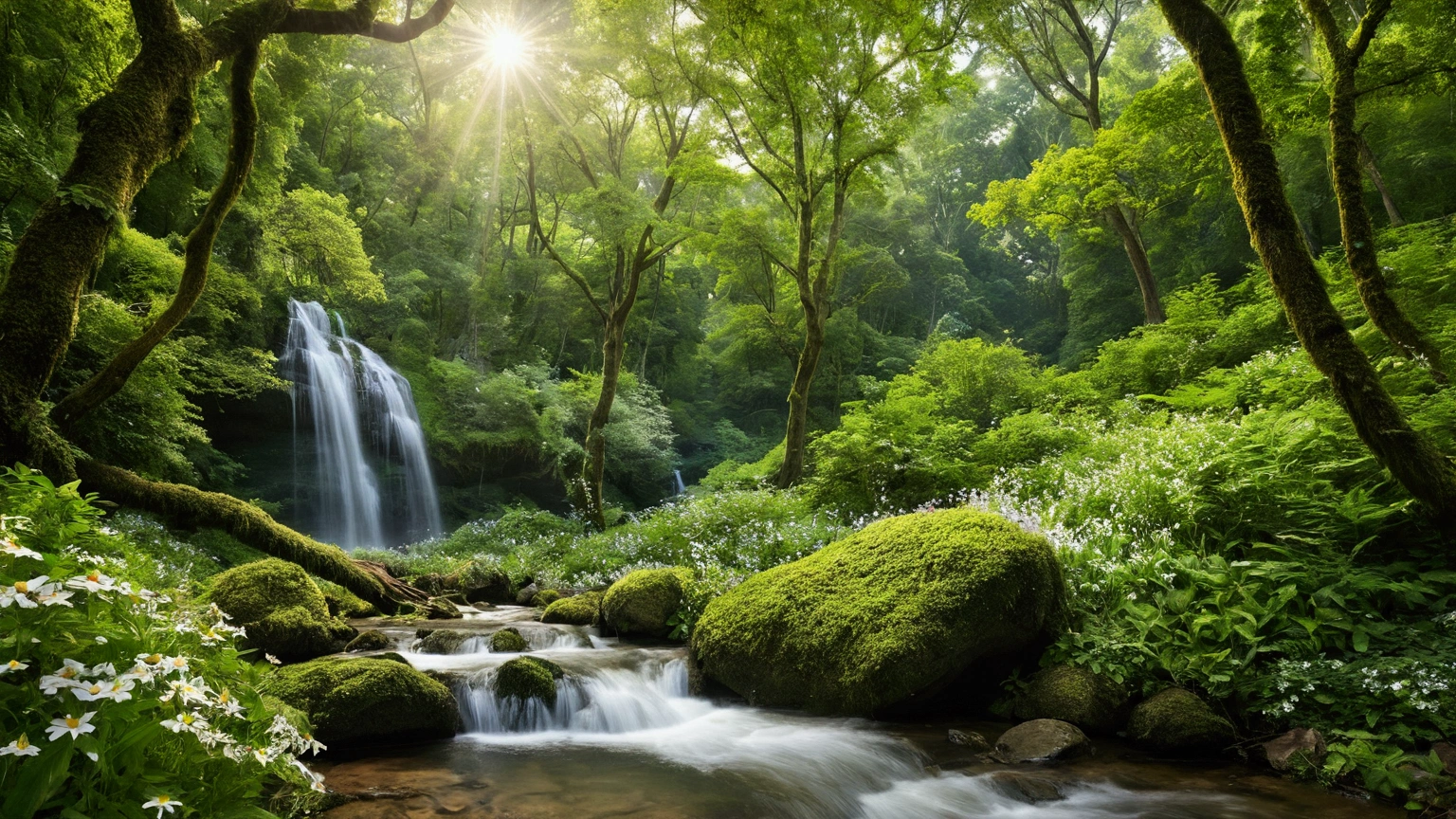 A tranquil, high-resolution image capturing the serene experience of being deep in a lush green forest. Towering emerald trees stretch towards the sky, their dense foliage creating a natural canopy. Sunlight filters through the leaves, casting dappled patterns on the forest floor. Through the gaps in the trees, a clear blue sky with fluffy white clouds is visible. In the distance, two cascading waterfalls—one large and one smaller—pour down gracefully, their white streams blending with the green surroundings. A crystal-clear stream flows gently from the base of the waterfalls, winding through a vibrant carpet of lush grass dotted with colorful wildflowers. A playful squirrel leaps across the scene while birds flutter gracefully among the trees, adding life and movement to this peaceful, nature-filled setting.