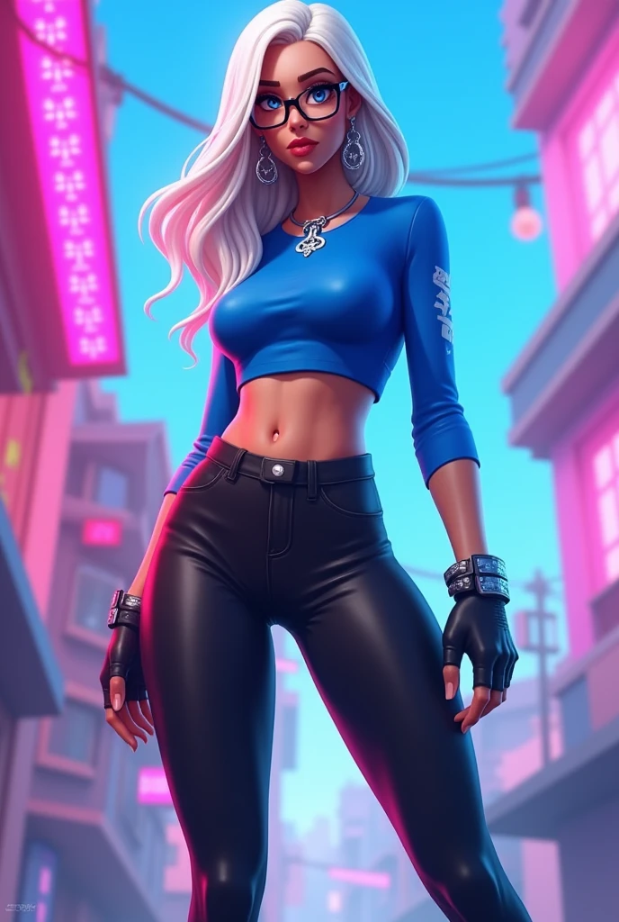 fortnite style girl, long white hair, Broad Hips, blue colored eyes, wearing glasses, Allstar Sneakers, sexy cobalt blue top black solid tight leggings full body