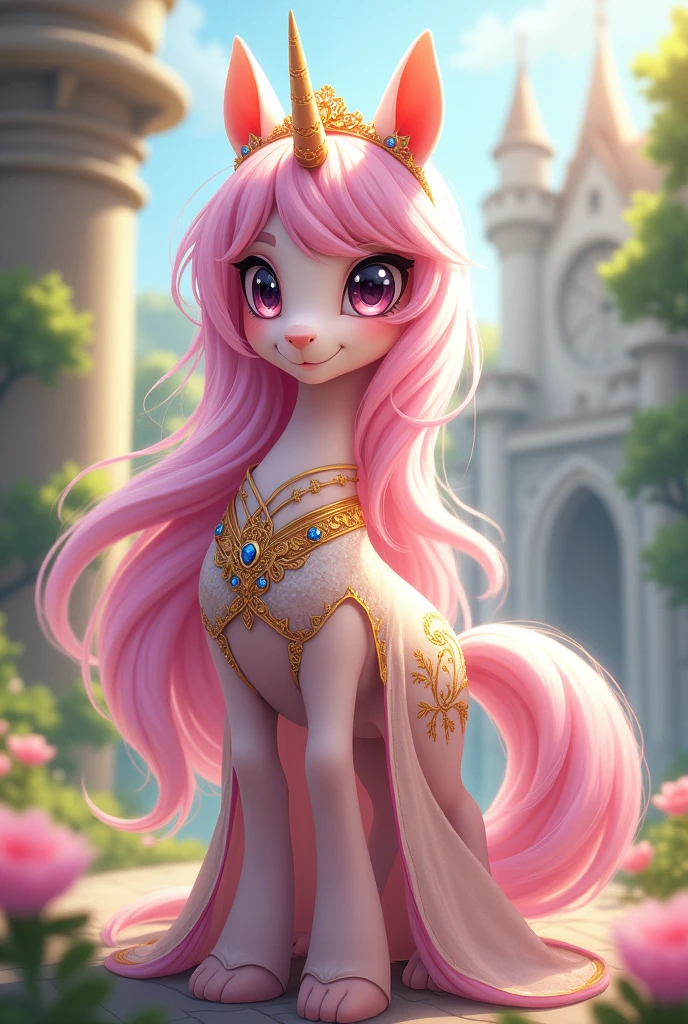 anime pony drawn with long hair and luxurious clothes