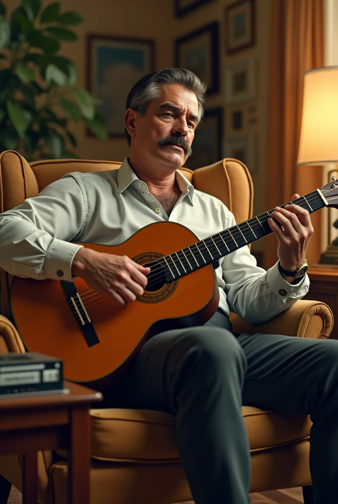 A 1950s Brazilian man sitting in a chair playing a classical guitar and a cassette tape on a table next to him