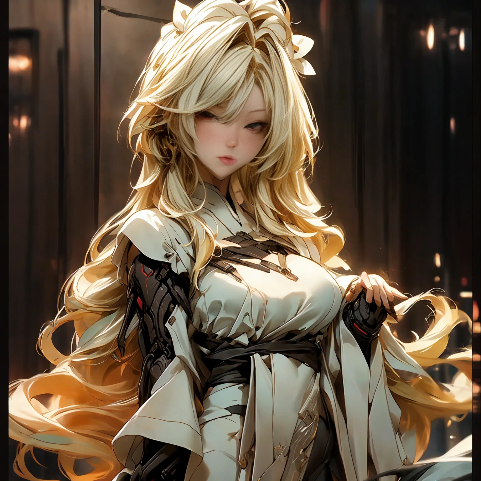 (best quality)), ((Masterpiece)), (details:1.4), 3d, HDR (high dynamic range), an image of a beautiful cyberpunk female, cyberpunk, blonde hair, Curtain Bangs, Red eyes, จมูกโด่ง, ปากแดง, หน้าอกใหญ่, nvidia RTX, PBR surface, After processing, Anisotropic filtration,depth of field, Maximum clarity and clarity, multi-layered surface, Subsurface scattering, perfect proportions, 8K raw files, ultra detailed, Perfect proportions, volumetric lighting, soft lighting, Holy Paladin, Heavy black Armor, glossy skin, chapel background, jewely, ต่างหู, นิ้วมือสมบูรณ์,