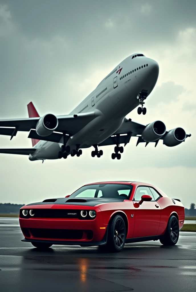 Boeing 747 takes off in the foreground is a new Dodge Challenger parked it is cloudy