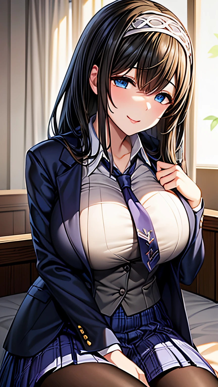 (masterpiece)、（Best image quality）、（Very detailed）、(Very detailed),(((blazer,学校のuniform,Blue tie,high school student,skirt,uniform,Big Breasts,Clothing,Blue jacket,Perfect for the body,tights,Thighs))),（8k）、Best image quality、（beautiful）,bbfumika, idolmaster, long hair, hairband, collarbone, (masterpiece)、（Best image quality）、（Very detailed）、（Very detailed）、4K、（8k）、Best image quality、（beautiful）,One female、Beautiful feet、Big Breasts、Blonde hair、Beautiful Woman Height 170cm、Bust 100 　Beautiful bodystocking latex underwear, 　Light　A friendly smile　　magic Masterpiece Night　Magic sexy, extremely beautiful 22歳　Big Breasts Beautiful Eyeagical gentle lighting cowboy shot ,prison、Adult、Sexy pose、Sitting、ahegao、Upper body emphasis、Queen、Looking down、Wicked Smile、Sexual smile、pleasure,Obscene expression,orgasm,Lewd woman,A woman with a very strong sexual desire,Estrus,Seduce,(Masturbation:1.3),(Ahegao:1.3),(orgasm:1.3),(female masturbation:1.3),(NSFW:1.3),(vagina:1.3)