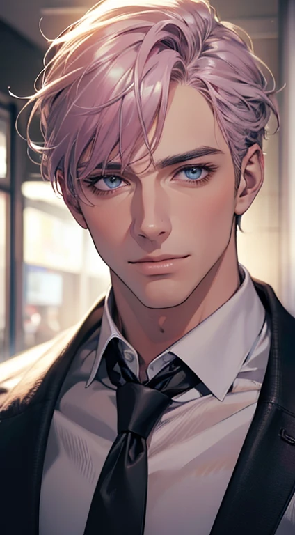 (Highest quality,4K,8K,High resolution,masterpiece:1.2),Super detailed,(Realistic,photoRealistic,photo-Realistic:1.37),1 personld,Mature Men,Beautiful skin、very handsome,Expressionless,smile,Short gray pink hair,blue eyes,Sharp Eyes,A perfect face without a doubt,Businessman,Office Background,Cinema Lighting,HDR image,tie、
