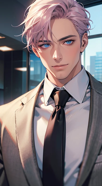 (Highest quality,4K,8K,High resolution,masterpiece:1.2),Super detailed,(Realistic,photoRealistic,photo-Realistic:1.37),1 personld,Mature Men,Beautiful skin、very handsome,Expressionless,smile,Short gray pink hair,blue eyes,Sharp Eyes,A perfect face without a doubt,Businessman,Office Background,Cinema Lighting,HDR image,tie、