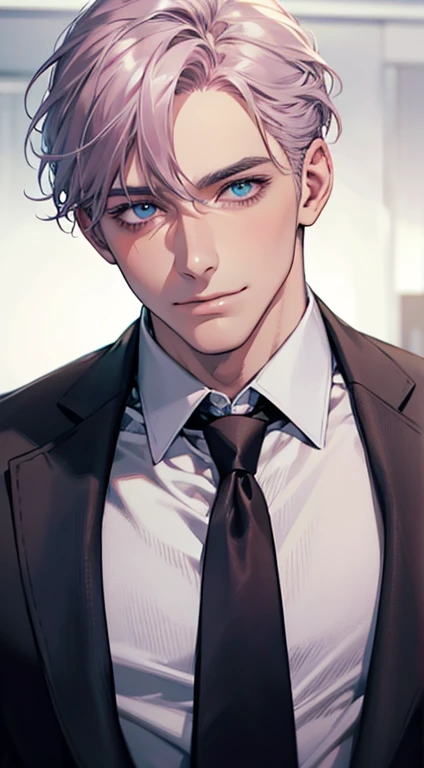 (Highest quality,4K,8K,High resolution,masterpiece:1.2),Super detailed,(Realistic,photoRealistic,photo-Realistic:1.37),1 personld,Mature Men,Beautiful skin、very handsome,Expressionless,smile,Short gray pink hair,blue eyes,Sharp Eyes,A perfect face without a doubt,Businessman,Office Background,Cinema Lighting,HDR image,tie、