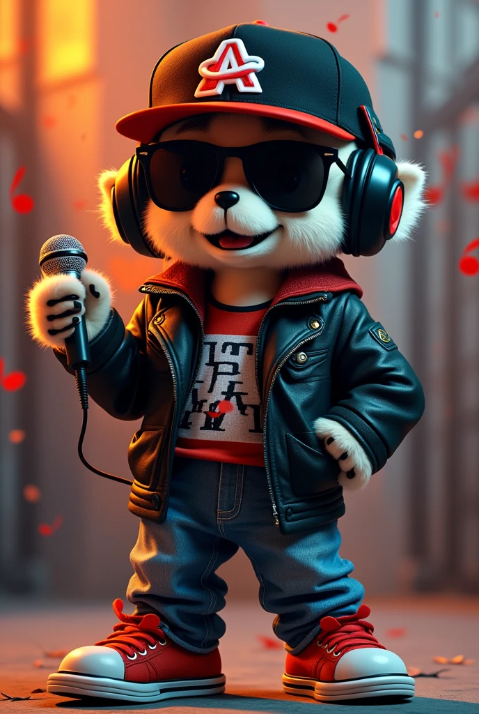 The mascot's head should be wearing a cap or hat with a hip-hop theme, such as a hat with a logo or symbol that represents the brand's style. The mascot's appearance should be friendly and cool. Sunglasses or hip-hop accessories can be added to make it stand out. For clothing, the mascot should wear clothes that are consistent with the hip-hop theme, such as graphic t-shirts., leather jacket, and jeans to enhance the uniqueness and fun. Holding a microphone or headphones is an important accessory that can help enhance the representation of the hip hop style of the mascot very well. In addition, adding musical notes as a background or other accessories will make the mascot look more interesting. The colors used in the design should be striking and modern colors, such as black., white, Red or orange, which will help the mascot stand out and be easily remembered. The mascot's gestures should be confident and full of energy, such as holding a microphone or doing dance moves to convey confidence and fun.