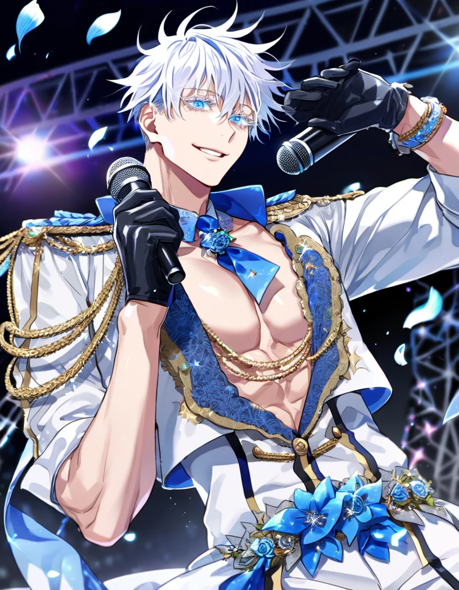 Ultra detailed, Highres, absurdres, HDR, master piece, Gojou Satoru, white hair, expressive blue eyes, white eyelashes, Jujutsu Kaisen, sexy man holding a microphone, solo, idol, white idol clothes with trimmings, blue petals, glittering, black gloves, blue flowers, sensual, fantasy, idol stage, concert, manly man, horny, erotic, handsome smile, toned chest,