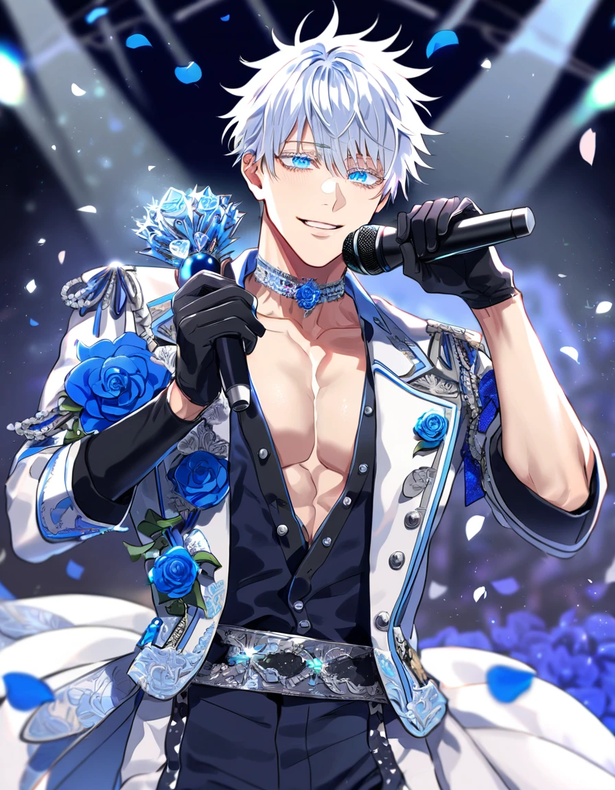 Ultra detailed, Highres, absurdres, HDR, master piece, Gojou Satoru, white hair, expressive blue eyes, white eyelashes, Jujutsu Kaisen, sexy man holding a microphone, solo, idol, white idol clothes with trimmings, blue petals, glittering, black gloves, blue flowers, sensual, fantasy, idol stage, concert, manly man, horny, erotic, handsome smile, toned chest,