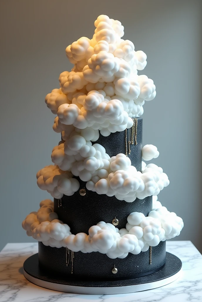 1 tier cake for women, cloud theme, Complex images, Luxurious style, main tone black and white