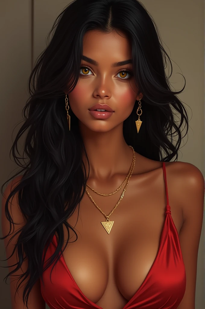 A 20 year old woman with tanned skin, long black hair, yellow and light brown eyes, large breasts, gold necklace and earrings, small, full lips with gloss, a loose red dress and 1,60 tall