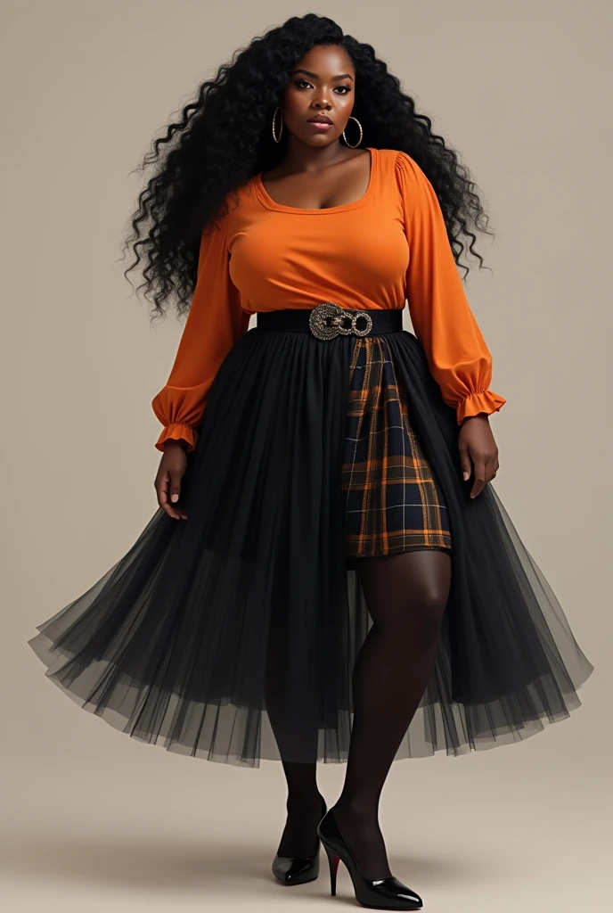 Make a picture of a black woman , long curly black hair, dark shaped eyes, chubby,wearing a black tulle skirt with a black plaid texture with a black belt, a gold buckle, an orange blouse with a round neck, long sleeves with a slight ruffle at the end of the sleeve,black tights , high heel shoe