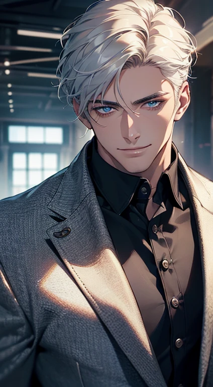 (best quality, masterpiece, 8K, photorealistic, cinematic lighting, hdr image, ultra detailed, beautiful image), a mature man, very handsome, smile, short white hair, blue eyes, perfect face without errors, ((buttoning the jacket, CEO))