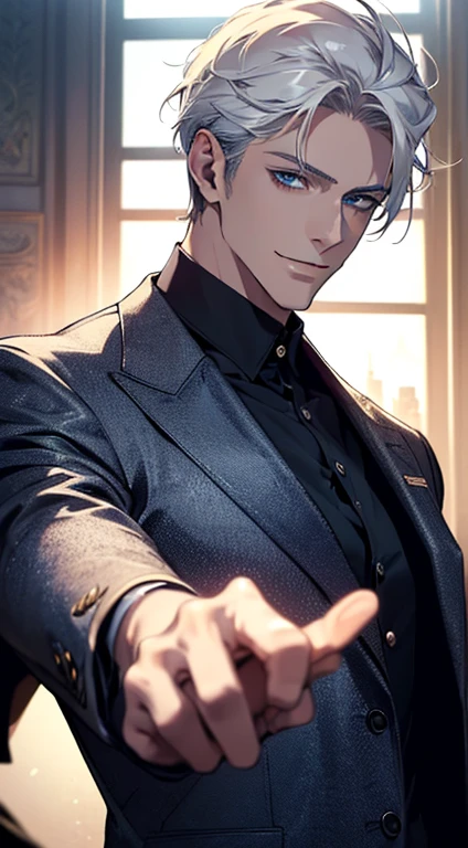 (best quality, masterpiece, 8K, photorealistic, cinematic lighting, hdr image, ultra detailed, beautiful image), a mature man, very handsome, smile, short white hair, blue eyes, perfect face without errors, ((buttoning the jacket, CEO))
