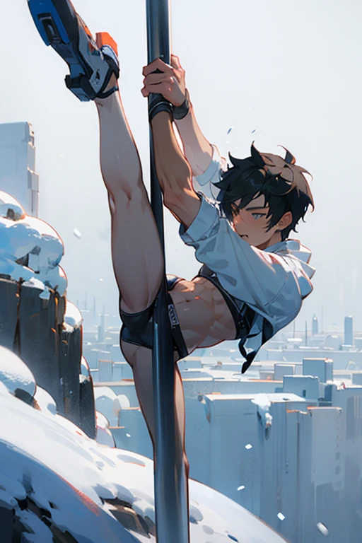 handsome boy with healthy body,pole dance,midriff,bikini,breathing white air,strong snow storm,strong snowy day,flying snowflakes as background,on the cliff,precise face