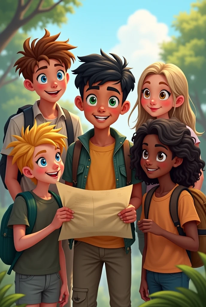 A group of friends with 5 people a tall boy with black hair and green eyes a blond boy with blue eyes and a boy with dark skin and wavy hair a girl with brown hair and honey-colored eyes and a blonde with green eyes and the one with black hair in the middle of everyone holding a map and they are teenagers of