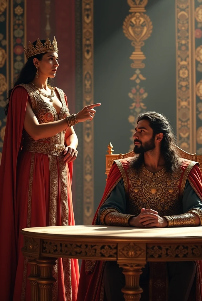  include the king and queen of Persia in their royal attire sitting at the table, with the queen standing pointing at the king&#39;s officer with a look of surprise and disapproval, while the officer is terrified in the presence of the king and queen.
